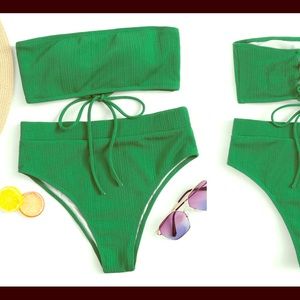 Lace up ribbed bandeau high waisted bikini